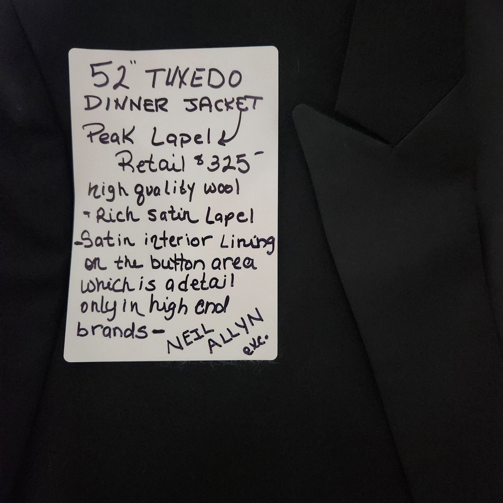 52 Tuxedo Dinner Jacket Black Neil Allyn Satin Peak Lapel Wool Excellent $325